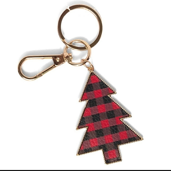 🎄SALE!!Buffalo Plaid Red Black Tree Keychain Gold Tone Holiday Stocking Stuffer - Picture 3 of 3